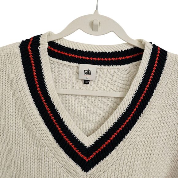 Cabi Sweater Large Ace White Nautical Tennis V-neck Pullover Bell Sleeve 5639 - Picture 3 of 10